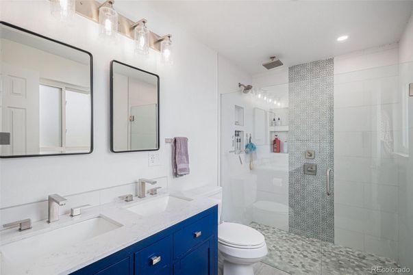 Bathroom, Dual Sink Vanities, Glass Shower, Interior, Recessed Lighting