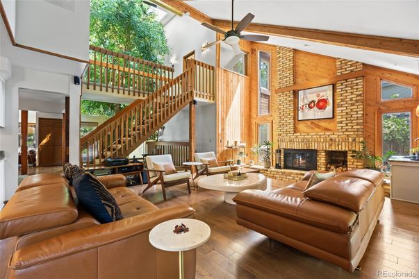 Fireplace, Interior, Living room, Stone Walls, Wooden Beams, Wood Texture Flooring