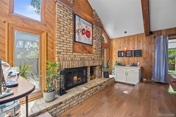 Fireplace, Interior, Pendant Lights, Stone Walls, Wooden Beams, Wood Texture Flooring, Wooden Walls