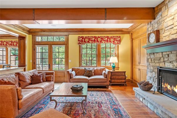 Fireplace, Interior, Living room, Stone Walls, Wooden Beams, Wood Texture Flooring