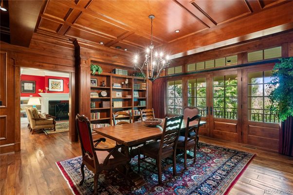 Chandelier, Dining room, Fireplace, Interior, Recessed Lighting, Wooden Beams, Wooden Ceilings, Wood Texture Flooring, Wooden Walls