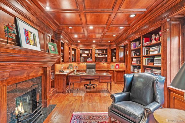 Fireplace, Home Office, Interior, Recessed Lighting, Wooden Beams, Wooden Ceilings, Wood Texture Flooring, Wooden Walls