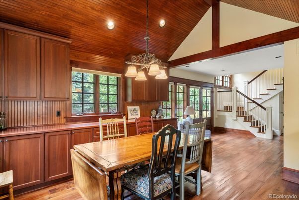 Chandelier, Dining room, Interior, Kitchen, Recessed Lighting, Wooden Ceilings, Wood Texture Flooring