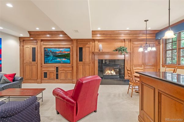 Fireplace, Interior, Living room, Pendant Lights, Recessed Lighting, Wooden Walls