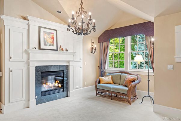 Chandelier, Fireplace, Interior