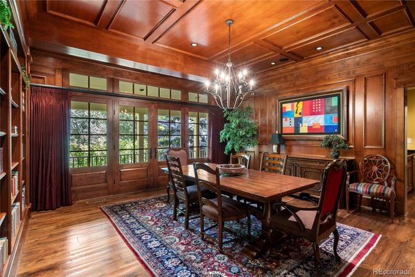 Chandelier, Dining room, Interior, Recessed Lighting, Wooden Beams, Wooden Ceilings, Wood Texture Flooring, Wooden Walls