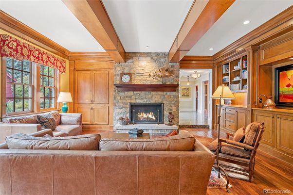 Fireplace, Interior, Living room, Recessed Lighting, Stone Walls, Wooden Beams, Wood Texture Flooring