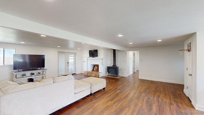 Fireplace, Interior, Living room, Recessed Lighting, Wood Texture Flooring