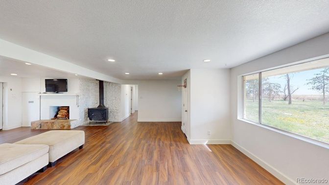 Empty room, Fireplace, Interior, Recessed Lighting, Wood Texture Flooring