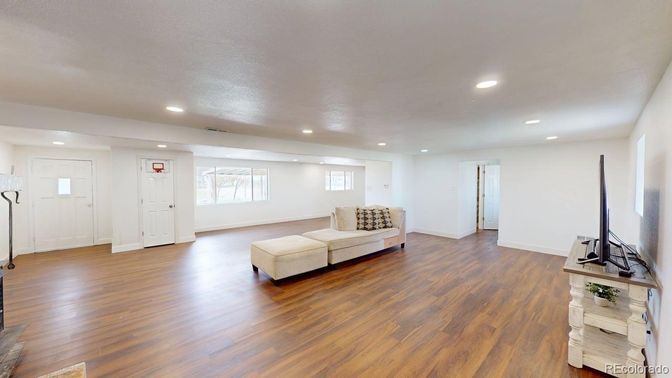 Empty room, Fireplace, Interior, Recessed Lighting, Wood Texture Flooring