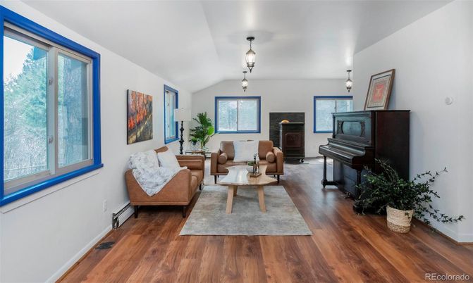 Fireplace, Interior, Living room, Pendant Lights, Piano, Wood Texture Flooring