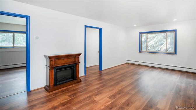 Empty room, Fireplace, Interior, Recessed Lighting, Wood Texture Flooring