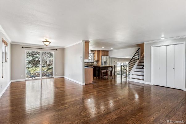 Dining room, Interior, Kitchen, Recessed Lighting, Stainless Steel Appliances, Wood Texture Flooring