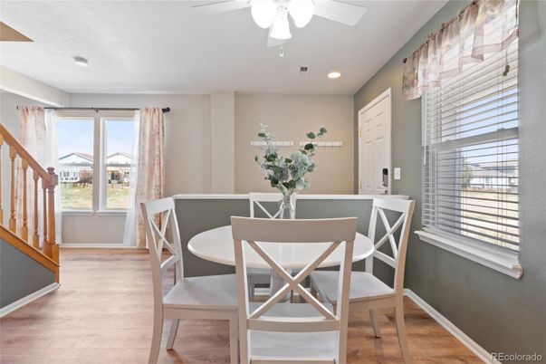 Dining room, Interior, Recessed Lighting, Wood Texture Flooring