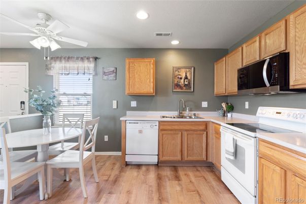 Dining room, Interior, Kitchen, Recessed Lighting, Wood Texture Flooring