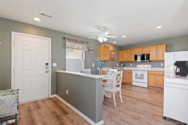 Dining room, Interior, Kitchen, Recessed Lighting, Wood Texture Flooring