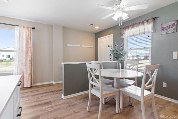 Dining room, Interior, Recessed Lighting, Wood Texture Flooring