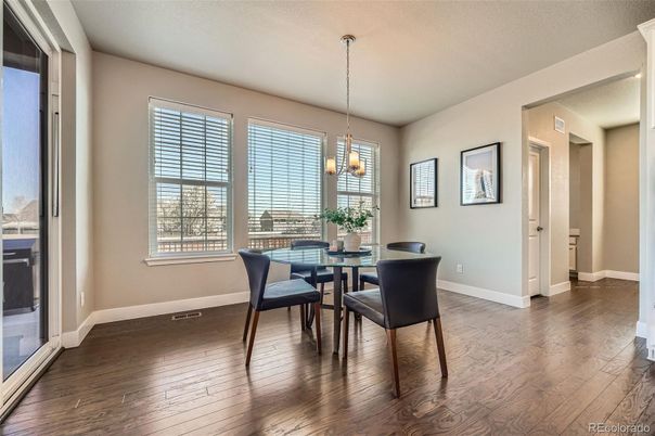 Dining room, Interior, Pendant Lights, Wood Texture Flooring