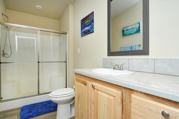 Bathroom, Glass Shower, Interior, Wood Texture Flooring