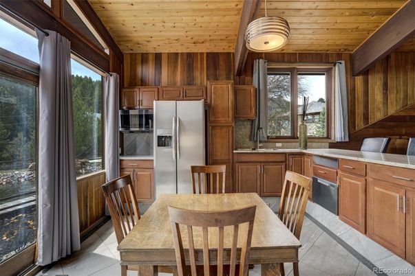 Dining room, Interior, Kitchen, Stainless Steel Appliances, Wooden Ceilings