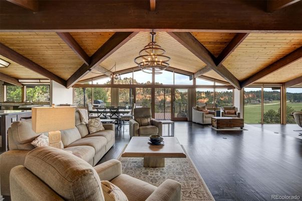 Chandelier, Dining room, Interior, Living room, Pendant Lights, Wooden Beams, Wooden Ceilings, Wood Texture Flooring