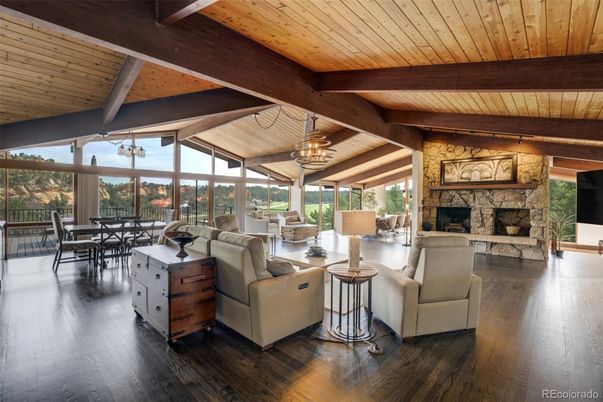 Chandelier, Dining room, Fireplace, Interior, Living room, Pendant Lights, Wooden Beams, Wooden Ceilings, Wood Texture Flooring