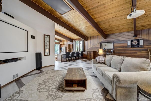 Dining room, Interior, Living room, Pendant Lights, Wooden Beams, Wooden Ceilings, Wood Texture Flooring, Wooden Walls