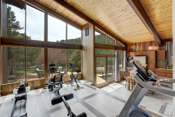 Fitness Equipment, Home Office, Interior, Sun Room, Wooden Beams, Wooden Ceilings, Wooden Walls
