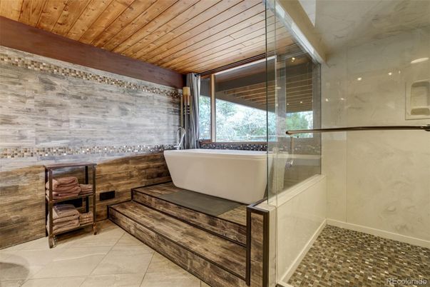 Bathroom, Free Standing Baths, Glass Shower, Interior, Wooden Ceilings