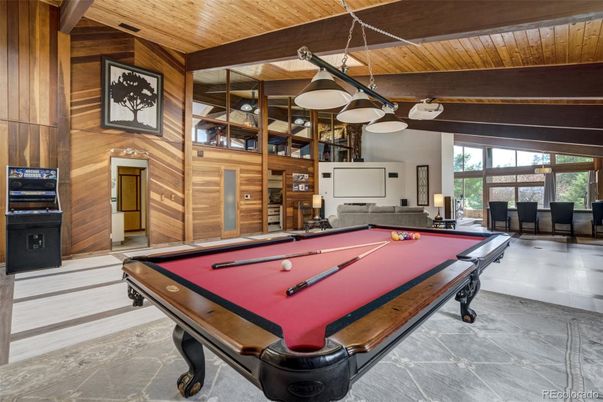 Billiard Table, Game Room, Interior, Pendant Lights, Wooden Beams, Wooden Ceilings, Wooden Walls