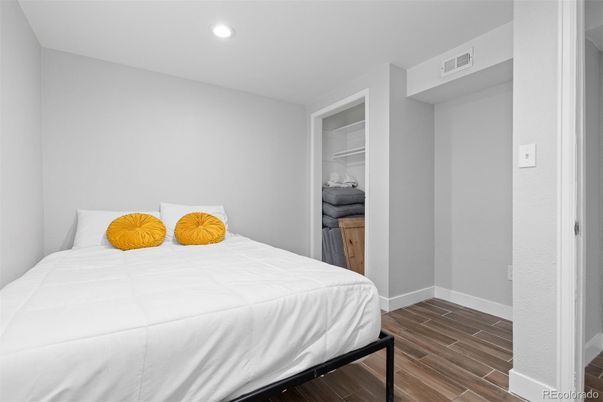 Bedroom, Interior, Recessed Lighting, Wood Texture Flooring