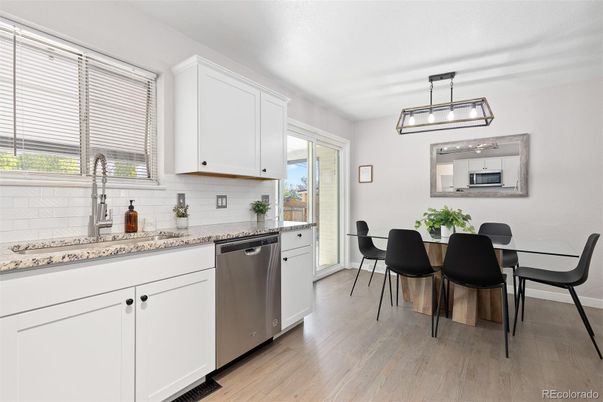Dining room, Interior, Kitchen, Pendant Lights, Wood Texture Flooring