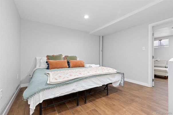 Bedroom, Interior, Recessed Lighting, Wood Texture Flooring