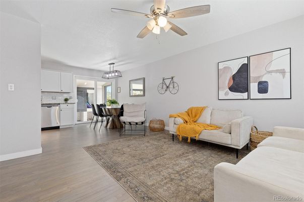 Dining room, Interior, Kitchen, Living room, Pendant Lights, Wood Texture Flooring