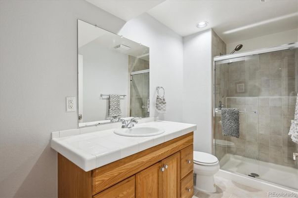 Bathroom, Glass Shower, Interior, Recessed Lighting, Tile Countertops
