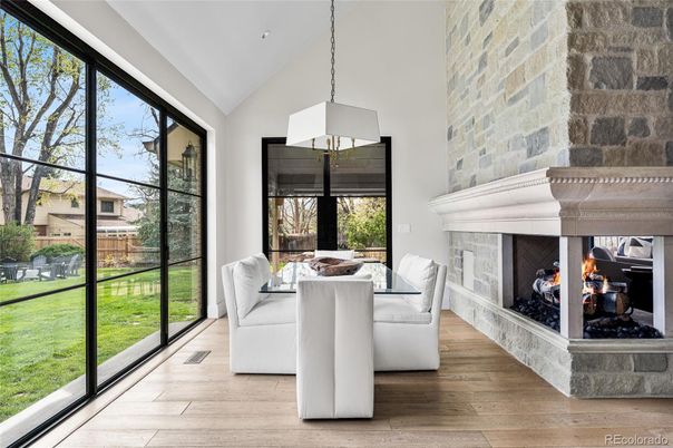 Dining room, Fireplace, Interior, Pendant Lights, Stone Walls, Wood Texture Flooring