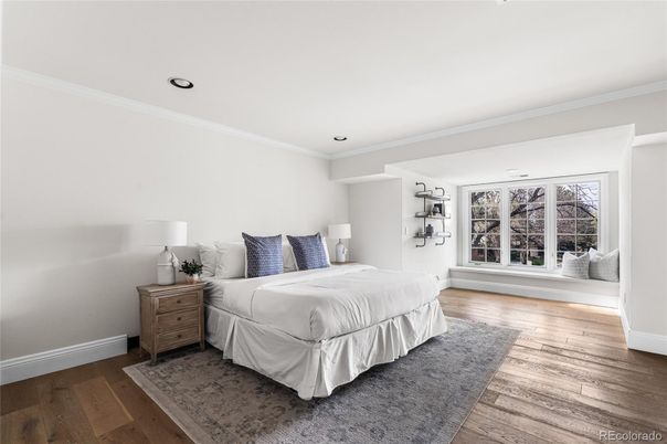 Bedroom, Interior, Recessed Lighting, Wood Texture Flooring