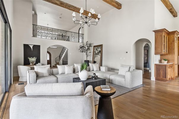 Chandelier, Interior, Living room, Wooden Beams, Wood Texture Flooring