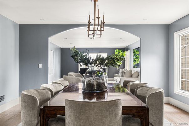 Dining room, Interior, Pendant Lights, Recessed Lighting, Wood Texture Flooring