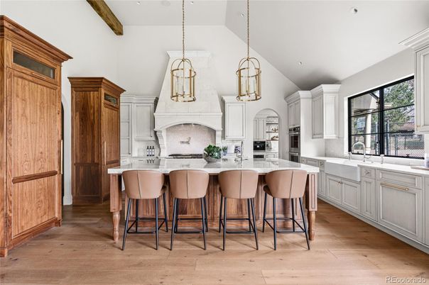 Interior, Kitchen, Pendant Lights, Recessed Lighting, Stainless Steel Appliances, Wooden Beams, Wood Texture Flooring