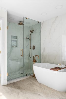 Bathroom, Free Standing Baths, Glass Shower, Interior, Marble, Marble Walls, Recessed Lighting