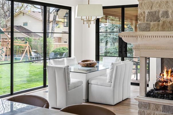 Dining room, Fireplace, Interior, Wood Texture Flooring