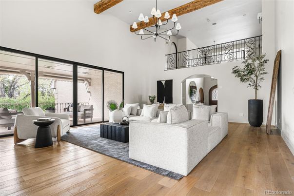 Chandelier, Interior, Living room, Recessed Lighting, Wooden Beams, Wood Texture Flooring