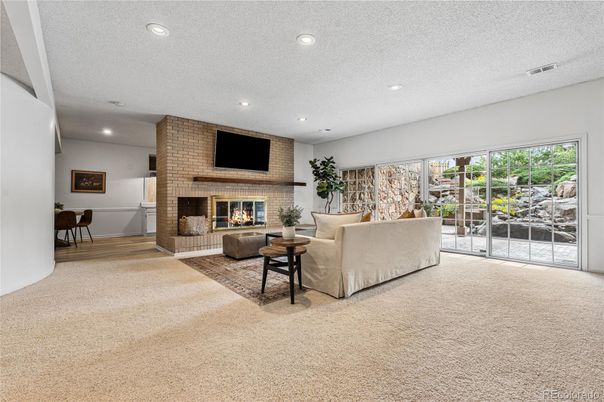 Fireplace, Interior, Living room, Recessed Lighting, Stone Walls