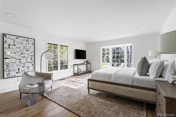 Bedroom, Interior, Recessed Lighting, Wood Texture Flooring