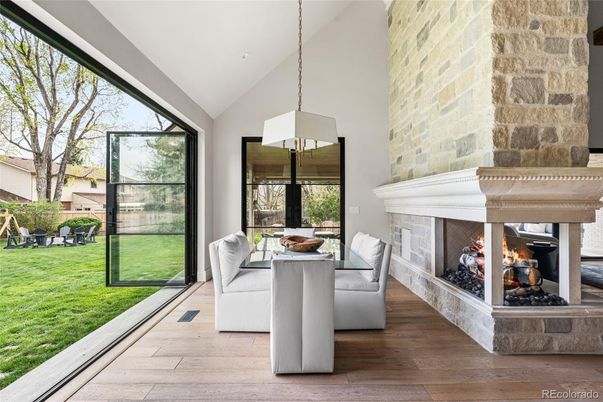 Fireplace, Interior, Pendant Lights, Stone Walls, Wood Texture Flooring