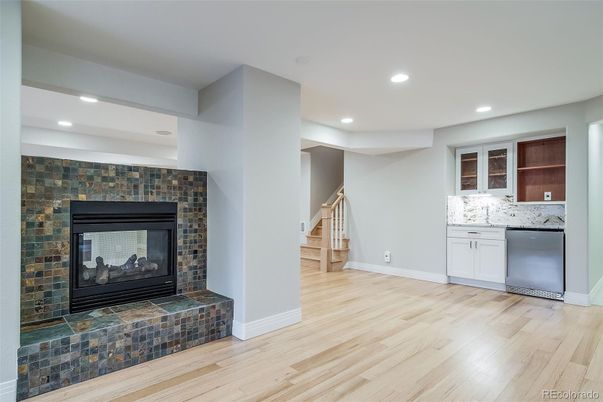 Fireplace, Interior, Recessed Lighting, Wood Texture Flooring
