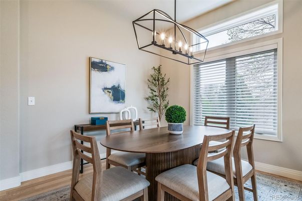 Dining room, Interior, Pendant Lights, Wood Texture Flooring