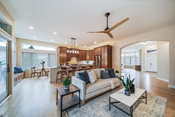 Dining room, Interior, Kitchen, Living room, Pendant Lights, Recessed Lighting, Stainless Steel Appliances, Wood Texture Flooring