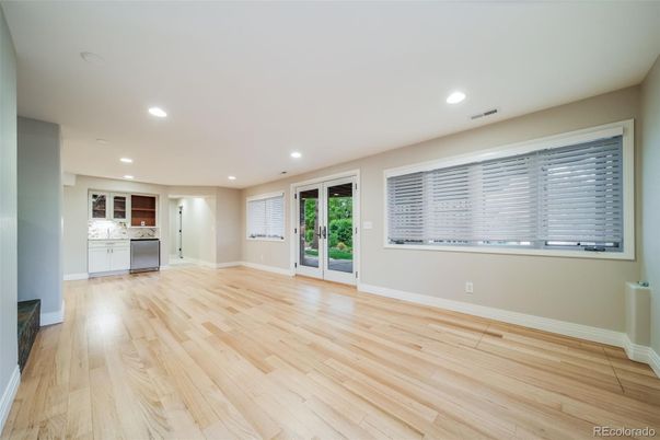 Empty room, Interior, Kitchen, Recessed Lighting, Wood Texture Flooring